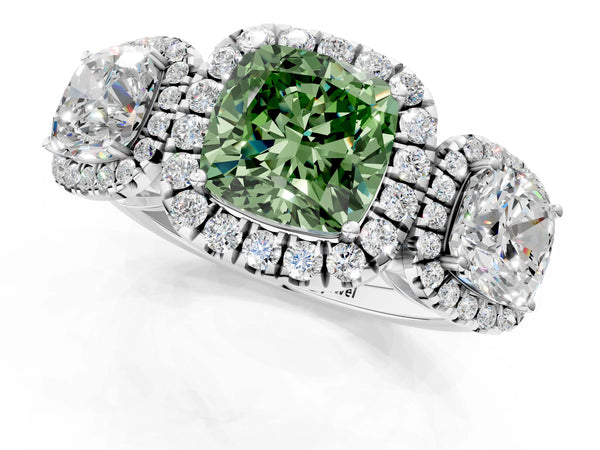 Silver Three-Stone Fancy Green Cushion Cut Halo Diamond Ring with Pave Band and Four-Prong Setting