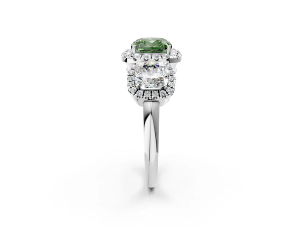 Silver Three-Stone Fancy Green Cushion Cut Halo Diamond Ring with Pave Band and Four-Prong Setting