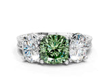 Silver Three-Stone Fancy Green Cushion  Diamond Milgrain Pave Band with Prong Setting 1