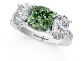 Silver Three-Stone Fancy Green Cushion  Diamond Milgrain Pave Band with Prong Setting 2