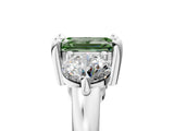 Silver Three-Stone Fancy Green Emerald  Brilliant Cut Solitaire Ring with Prong Setting on a Classic Band