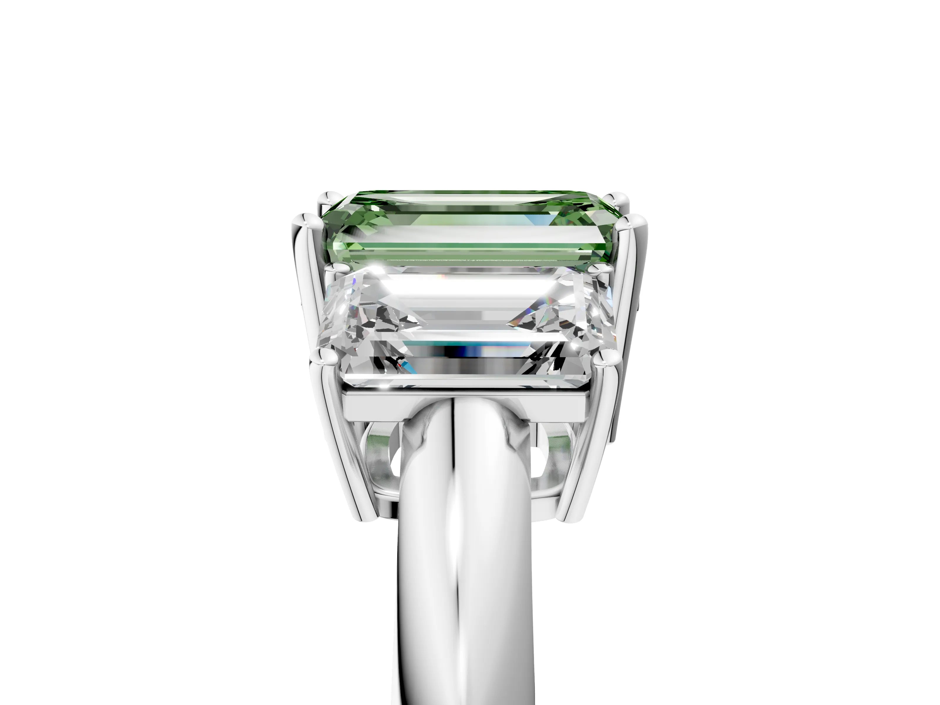 Silver Three-Stone Fancy Green Emerald Cut Cut Diamond Engagement Ring with Prong Setting on a White Gold Band_47