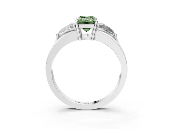 Sterling Silver Emerald Cut Split Shank Three Stone Engagement Ring Setting for Fancy Green Center