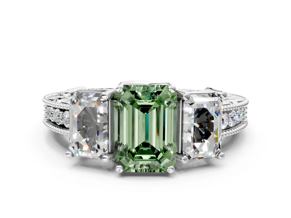 Sterling Silver Emerald Cut Engraved Three Stone Engagement Ring Setting for Fancy Green Center