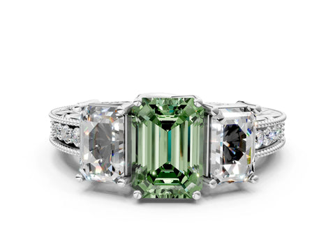 Silver Three-Stone Fancy Green Emerald Cut Cut Milgrain Pavé Engagement Ring_69