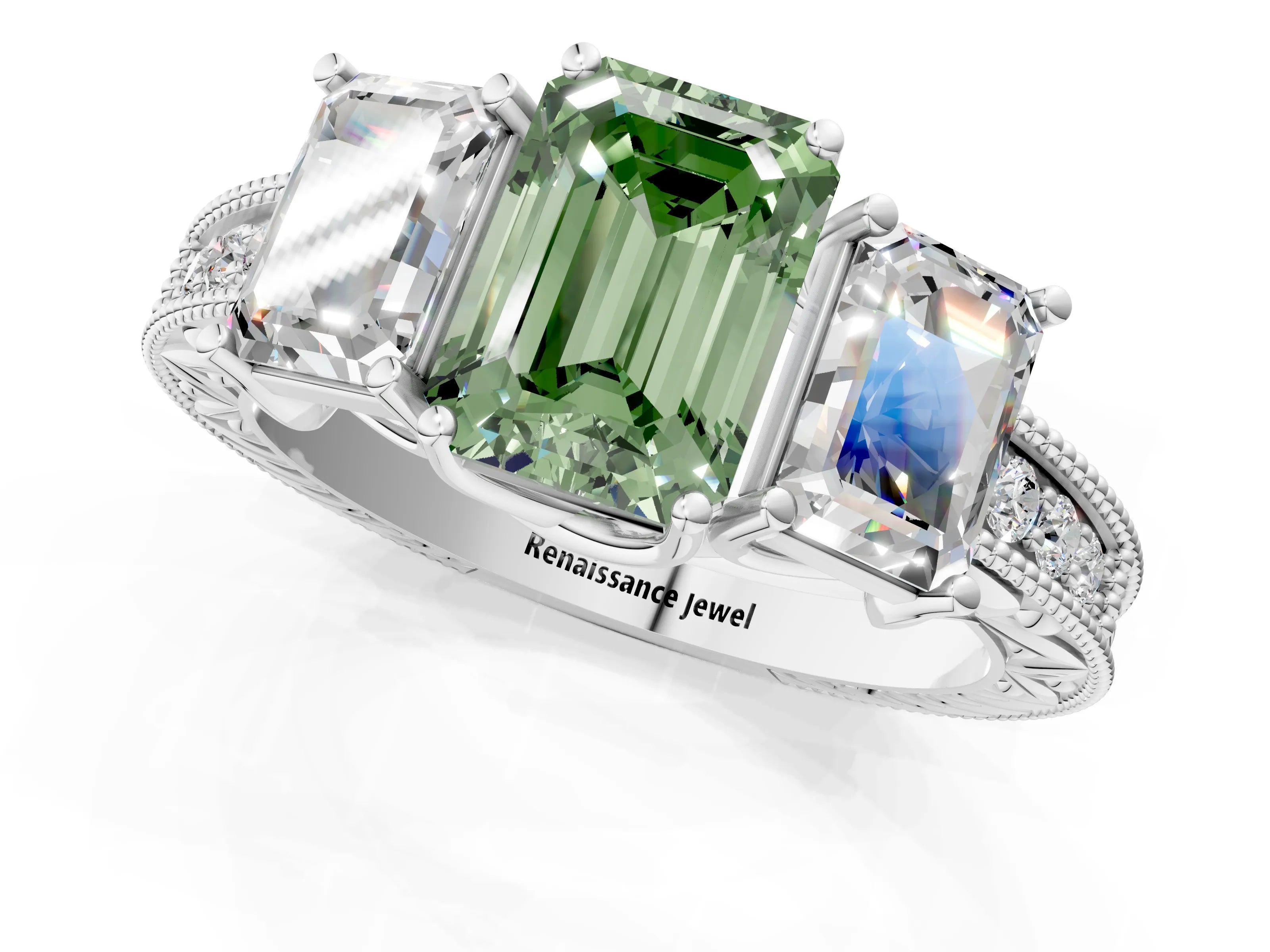 Silver Three-Stone Fancy Green Emerald Cut Cut Milgrain Pavé Engagement Ring_70