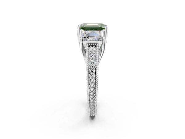 Sterling Silver Emerald Cut Engraved Three Stone Engagement Ring Setting for Fancy Green Center