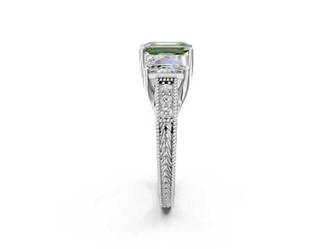 Silver Three-Stone Fancy Green Emerald Cut Cut Milgrain Pavé Engagement Ring_71