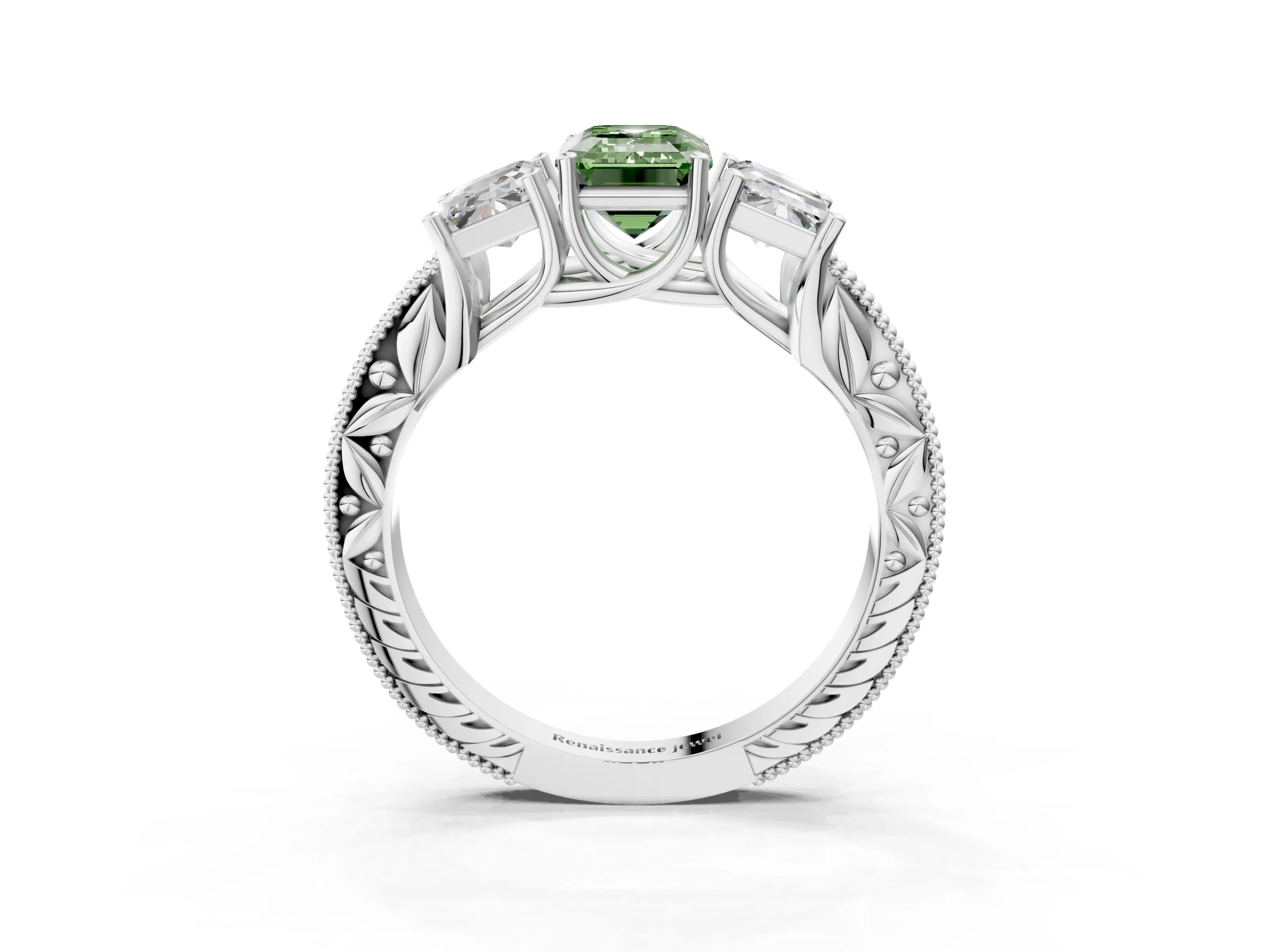 Silver Three-Stone Fancy Green Emerald Cut Cut Milgrain Pavé Engagement Ring_72