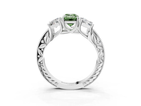 Sterling Silver Emerald Cut Engraved Three Stone Engagement Ring Setting for Fancy Green Center