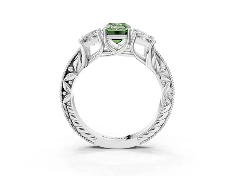 Silver Three-Stone Fancy Green Emerald Cut Cut Milgrain Pavé Engagement Ring_72