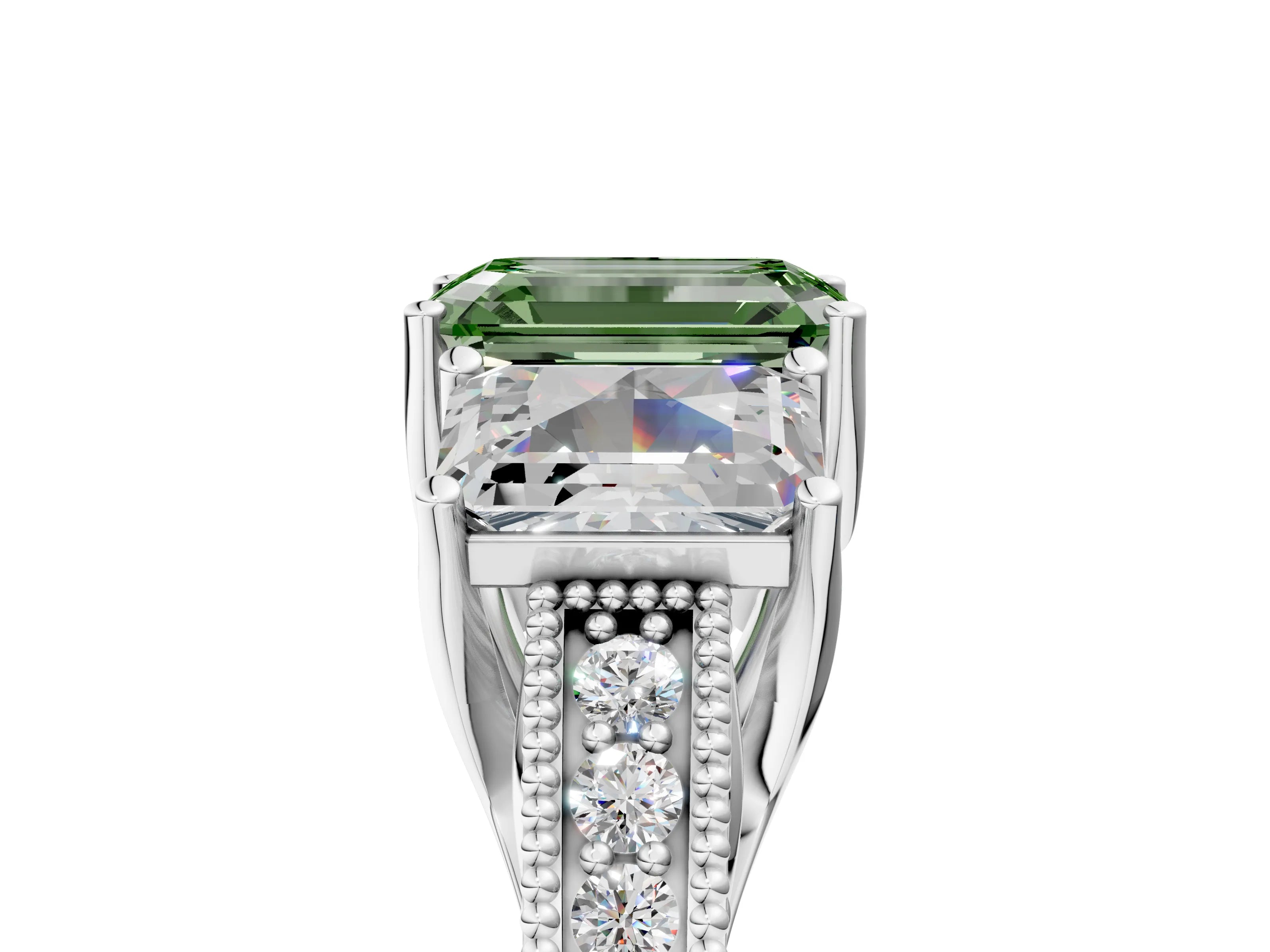 Silver Three-Stone Fancy Green Emerald Cut Cut Milgrain Pavé Engagement Ring_74