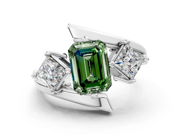 Silver Three-Stone Fancy Green Emerald Cut Cut Tension Band Ring with Four-Prong Setting