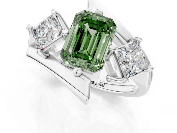 Silver Three-Stone Fancy Green Emerald Cut Cut Tension Band Ring with Four-Prong Setting