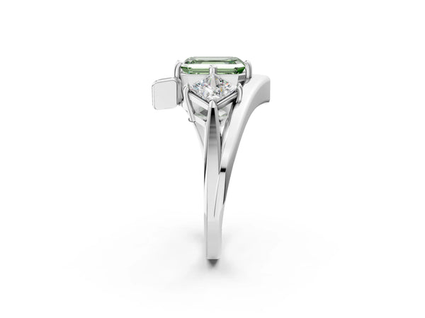 Silver Three-Stone Fancy Green Emerald Cut Cut Tension Band Ring with Four-Prong Setting