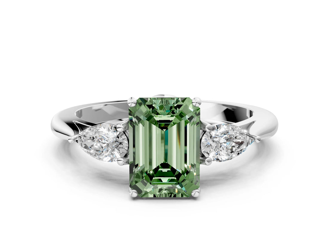Silver Three-Stone Fancy Green Emerald Cut Diamond Ring with Pear  Side Stones in Four-Prong Setting_12