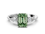 Silver Three-Stone Fancy Green Emerald Cut Diamond Ring with Pear  Side Stones in Four-Prong Setting_12