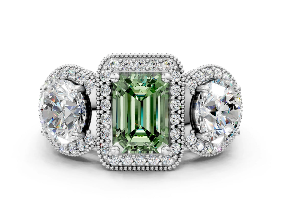 Silver Three-Stone Fancy Green Emerald Cut Halo Diamond Milgrain Band with Four-Prong Setting_6