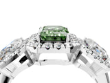 Silver Three-Stone Fancy Green Emerald Cut Halo Diamond Ring with Pave Band and Four-Prong Setting_10