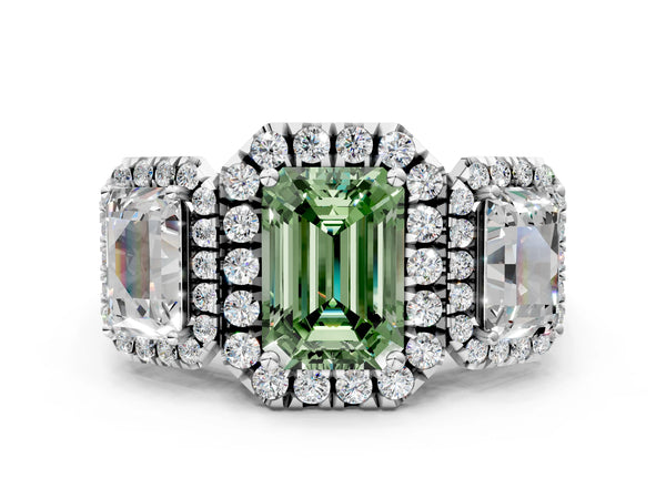 Silver Three-Stone Fancy Green Emerald Cut Halo Diamond Ring with Pave Band and Four-Prong Setting