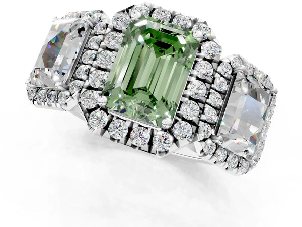 Silver Three-Stone Fancy Green Emerald Cut Halo Diamond Ring with Pave Band and Four-Prong Setting