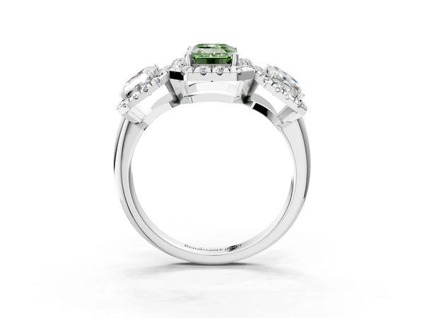 Silver Three-Stone Fancy Green Emerald Cut Halo Diamond Ring with Pave Band and Four-Prong Setting