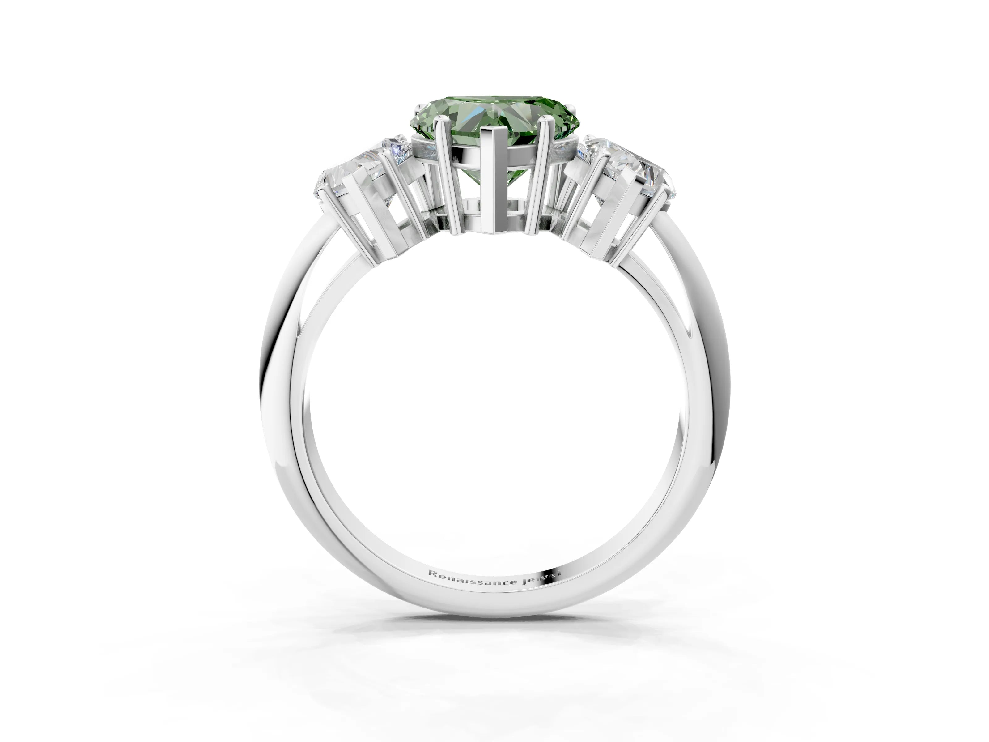 Silver Three-Stone Fancy Green Heart Cut Cut Diamond Engagement Ring with Prong Setting on a White Gold Band_45