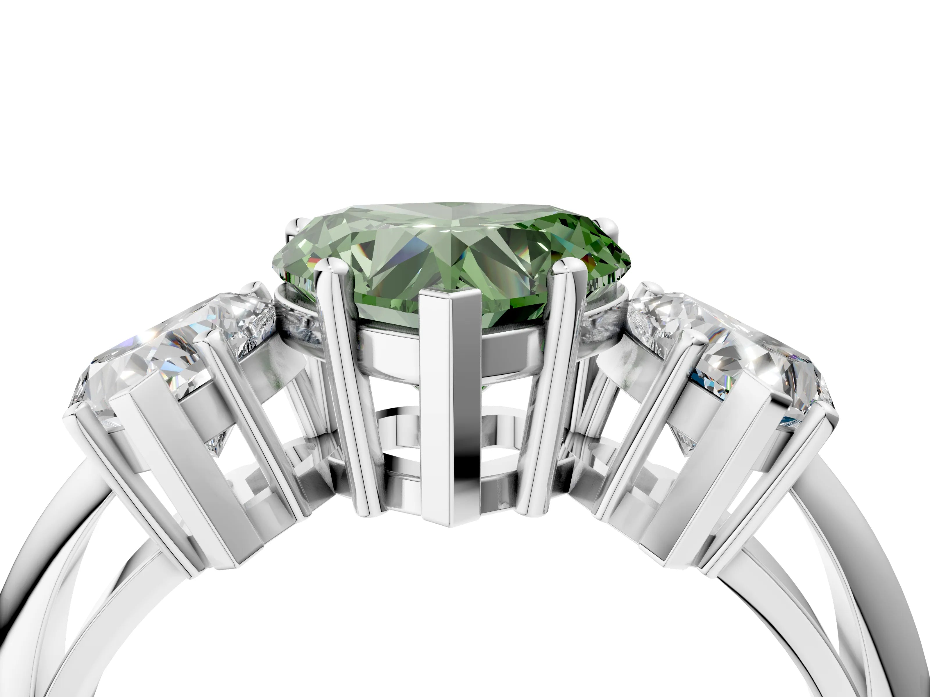 Silver Three-Stone Fancy Green Heart Cut Cut Diamond Engagement Ring with Prong Setting on a White Gold Band_46