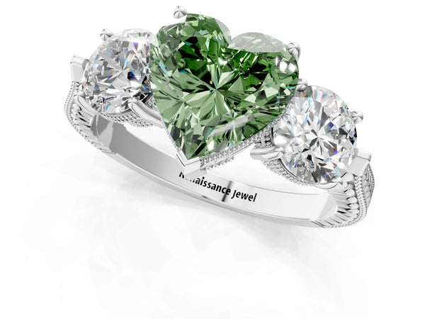 Sterling Silver Heart-Shaped Vintage Three Stone Engagement Ring Setting for Fancy Green Center