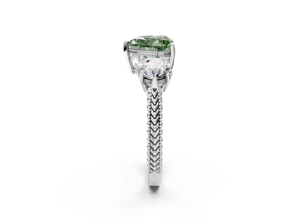 Sterling Silver Heart-Shaped Vintage Three Stone Engagement Ring Setting for Fancy Green Center
