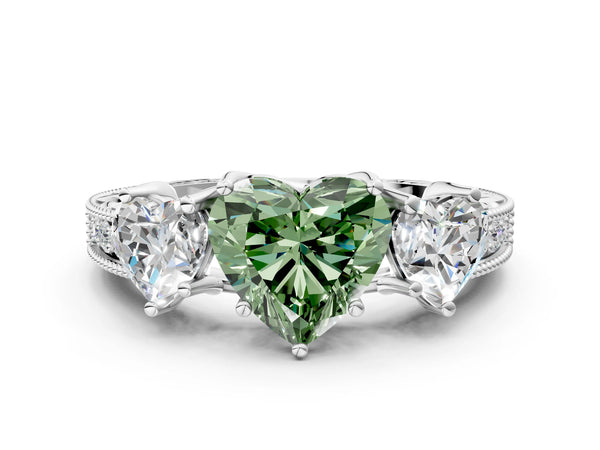 Sterling Silver Heart-Shaped Engraved Three Stone Engagement Ring Setting for Fancy Green Center