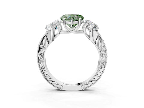 Silver Three-Stone Fancy Green Heart Cut Cut Milgrain Pavé Engagement Ring_21