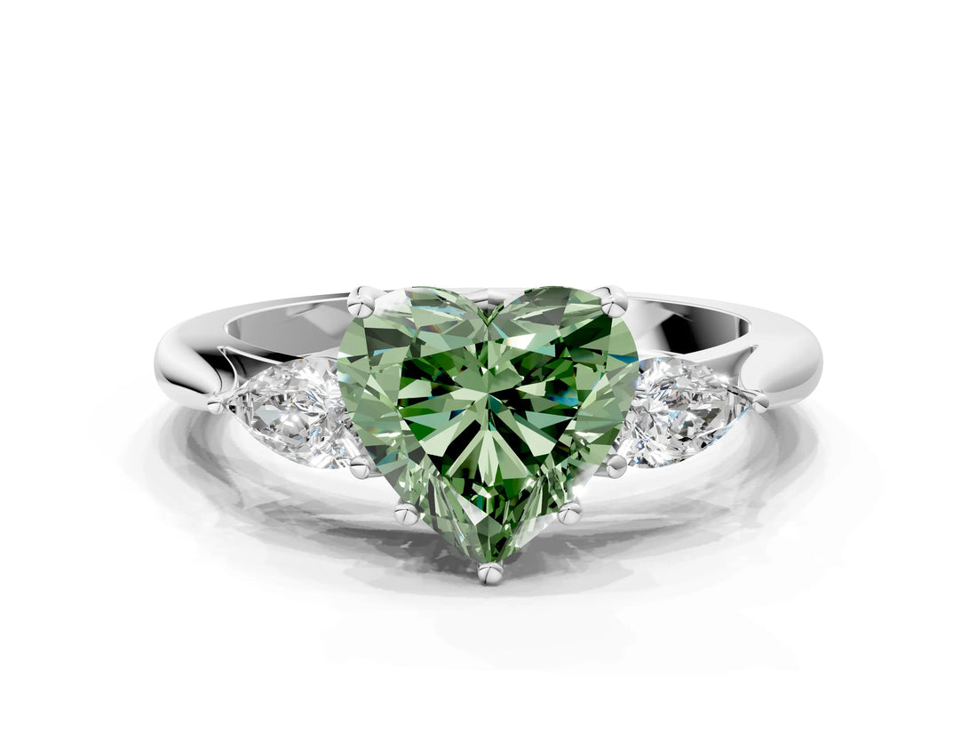 Silver Three-Stone Fancy Green Heart Cut Diamond Ring with Pear  Side Stones in Four-Prong Setting_12