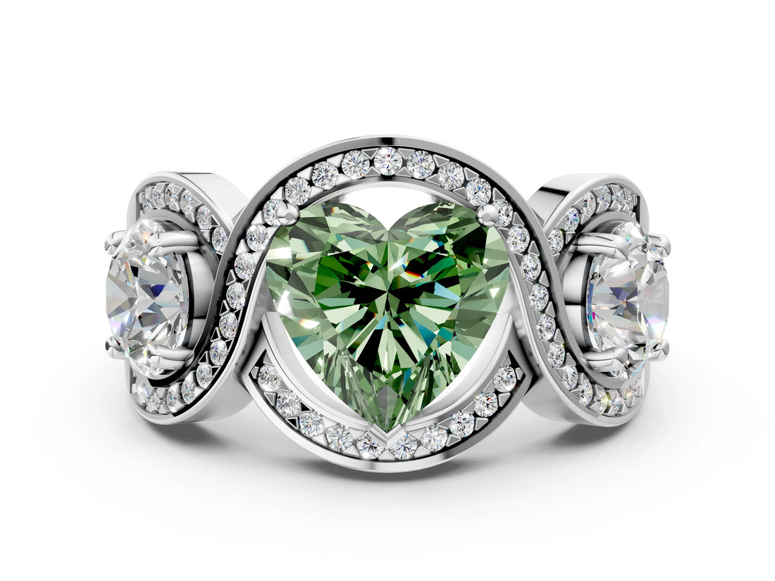 Silver Three-Stone Fancy Green Heart Cut Diamond Wave Pave Band with Prong Setting_18