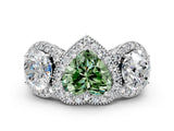 Silver Three-Stone Fancy Green Heart Cut Halo Diamond Milgrain Band with Four-Prong Setting_6