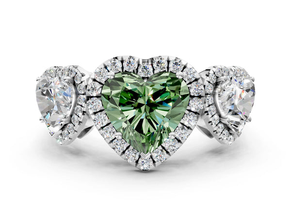 Silver Three-Stone Fancy Green Heart Cut Halo Diamond Ring with Pave Band and Four-Prong Setting
