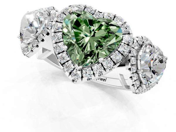 Silver Three-Stone Fancy Green Heart Cut Halo Diamond Ring with Pave Band and Four-Prong Setting