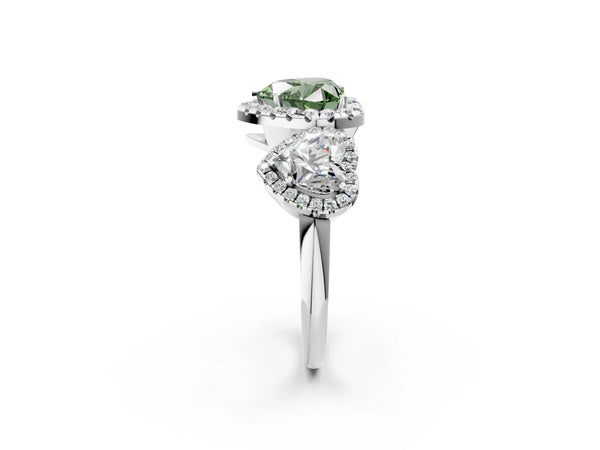 Silver Three-Stone Fancy Green Heart Cut Halo Diamond Ring with Pave Band and Four-Prong Setting