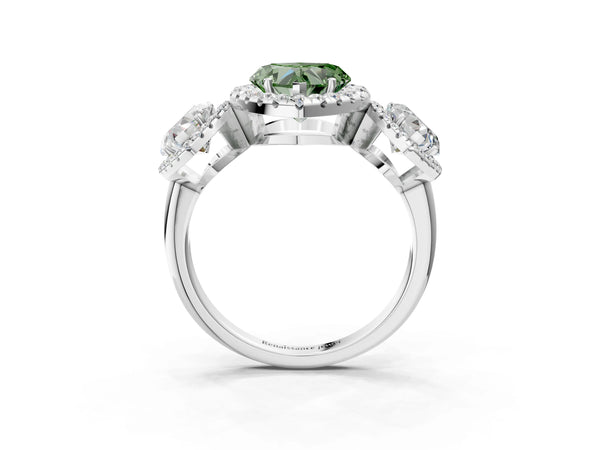 Silver Three-Stone Fancy Green Heart Cut Halo Diamond Ring with Pave Band and Four-Prong Setting