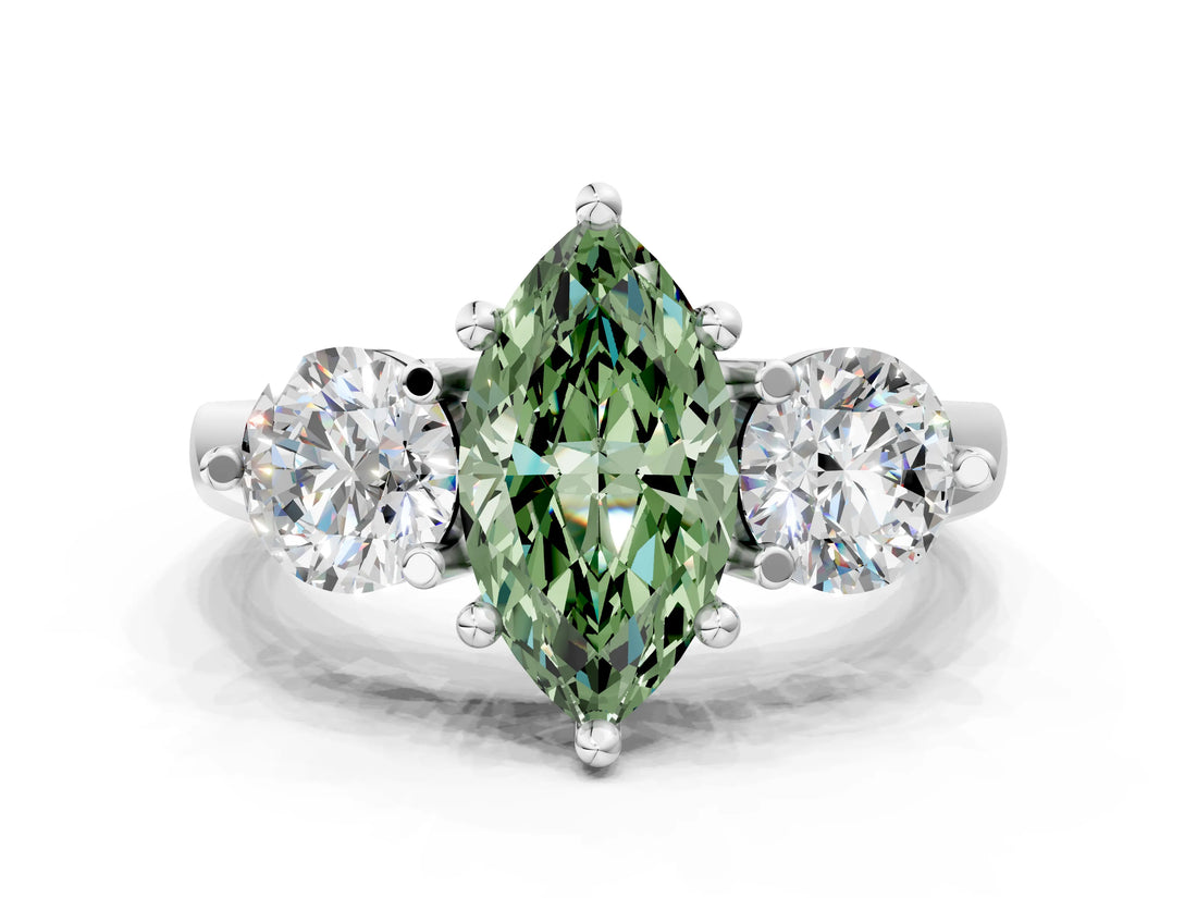 Silver Three-Stone Fancy Green Marquise  Brilliant Cut Solitaire Ring with Prong Setting on a Classic Band
