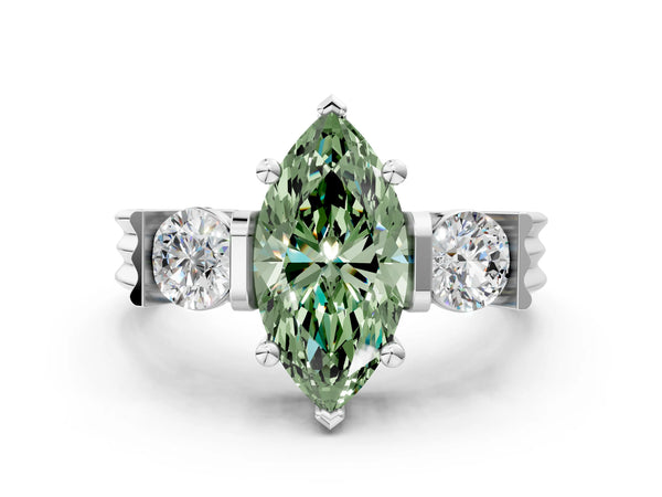 Silver Three-Stone Fancy Green Marquise Cut Classic Band Prong Setting Ring