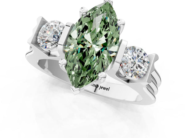Silver Three-Stone Fancy Green Marquise Cut Classic Band Prong Setting Ring