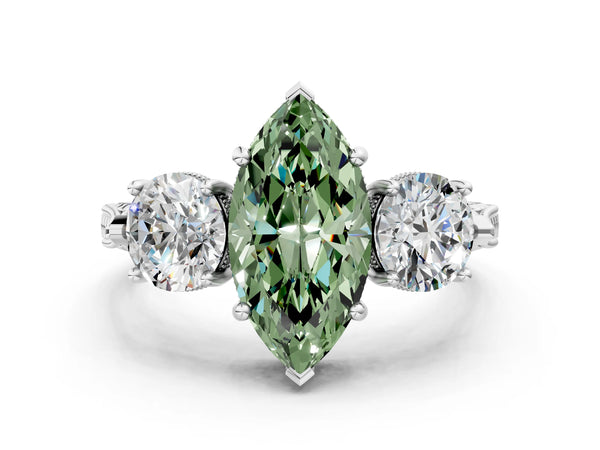 Sterling Silver Marquise Vintage Three Stone Engagement Ring Setting for Fancy Green Center