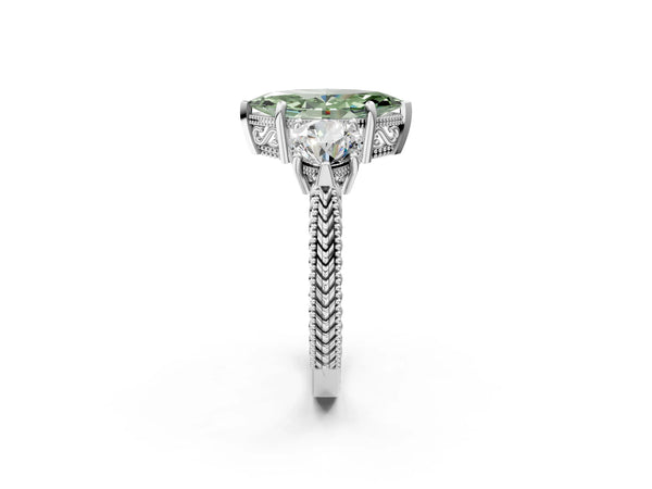 Sterling Silver Marquise Vintage Three Stone Engagement Ring Setting for Fancy Green Center