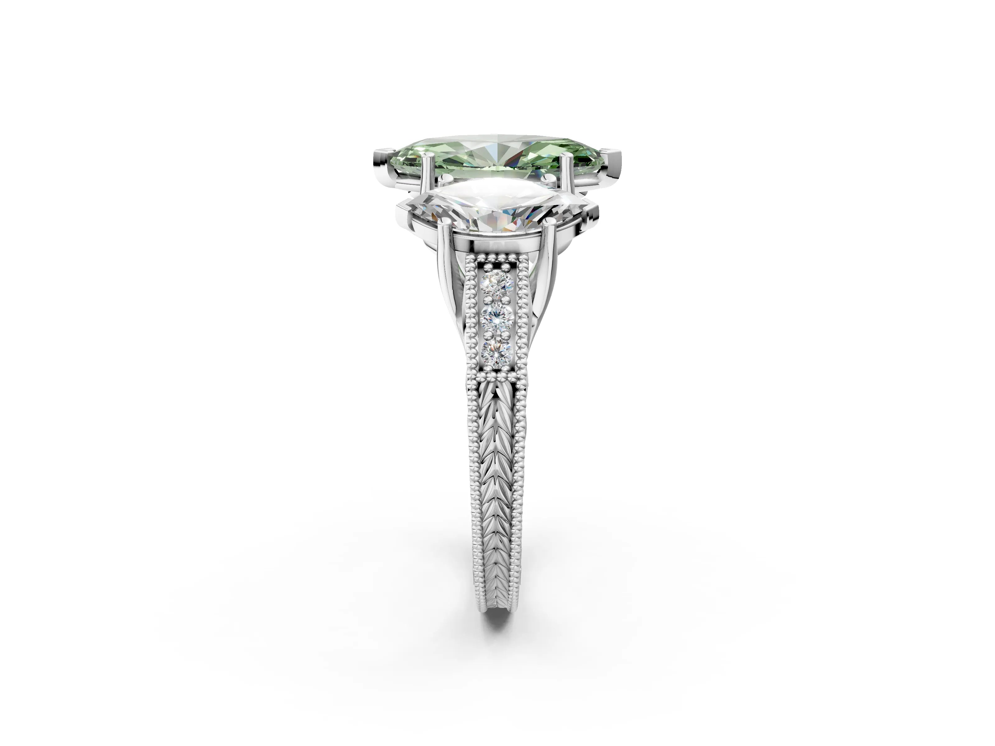 Silver Three-Stone Fancy Green Marquise Cut Cut Milgrain Pavé Engagement Ring_20