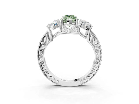 Silver Three-Stone Fancy Green Marquise Cut Cut Milgrain Pavé Engagement Ring_21