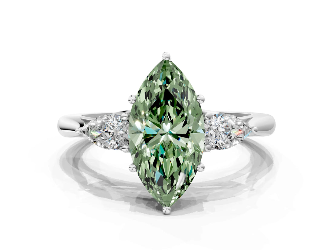 Silver Three-Stone Fancy Green Marquise Cut Diamond Ring with Pear  Side Stones in Four-Prong Setting_12