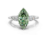 Silver Three-Stone Fancy Green Marquise Cut Diamond Ring with Pear  Side Stones in Four-Prong Setting_12