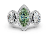 Silver Three-Stone Fancy Green Marquise Cut Halo Diamond Milgrain Band with Four-Prong Setting_6