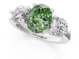 Silver Three-Stone Fancy Green Oval  Brilliant Cut Solitaire Ring with Prong Setting on a Classic Band 1